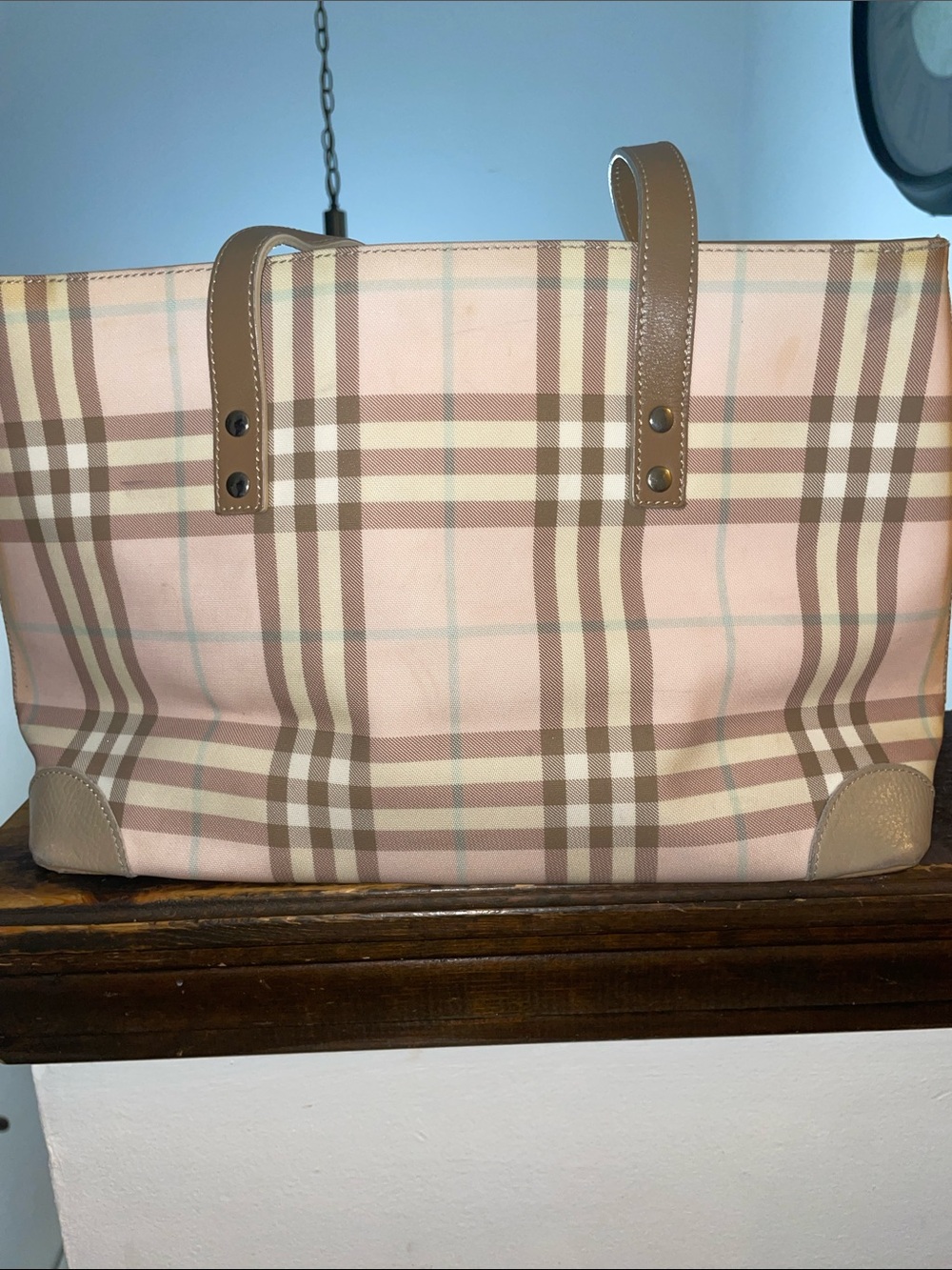 Burberry Pink Plaid Canvas Nova Check Tote Bag with Tan leather Trim